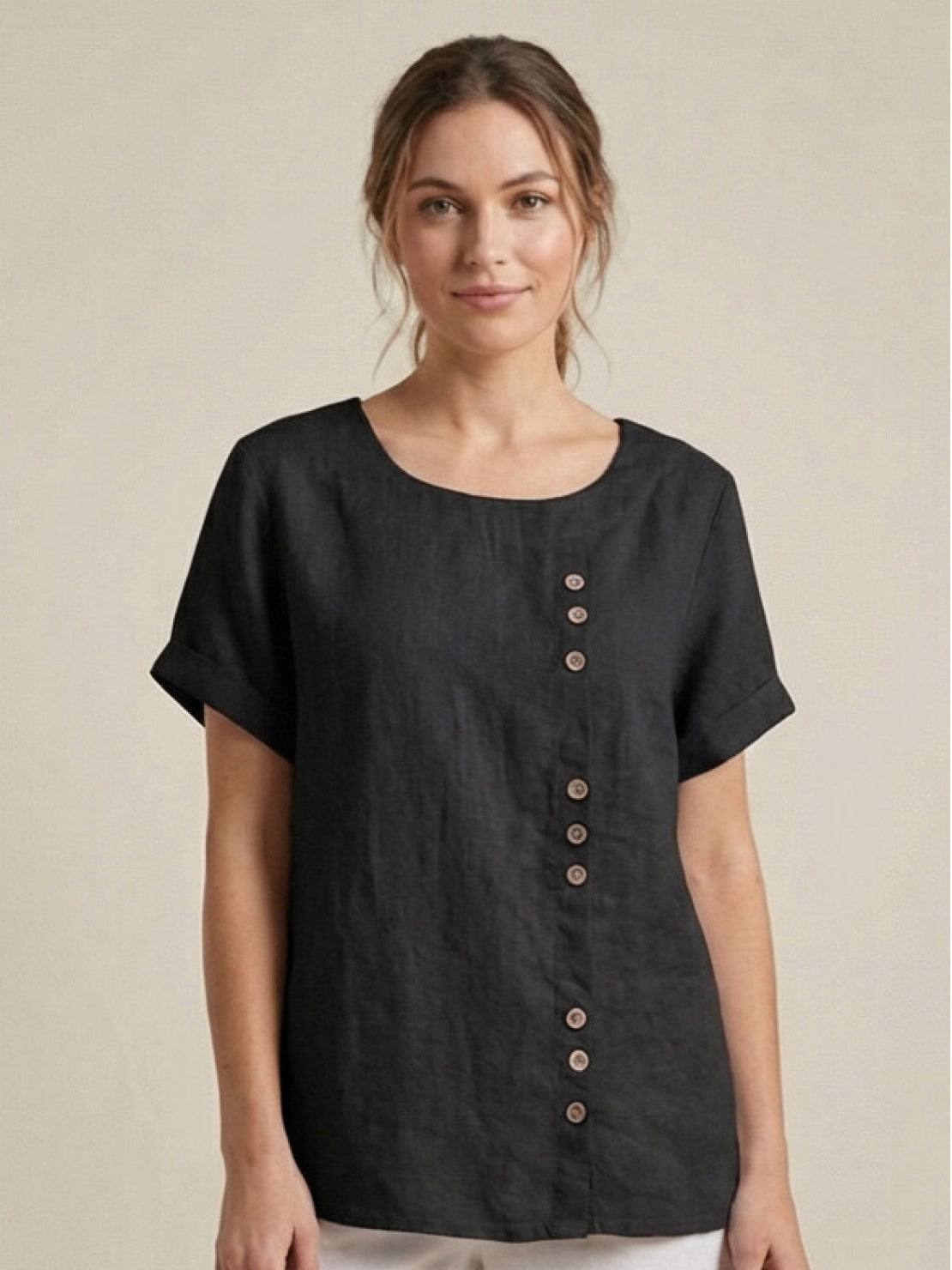 Women's casual scoop neck top with cuffed short sleeves and vertical off-center button detail