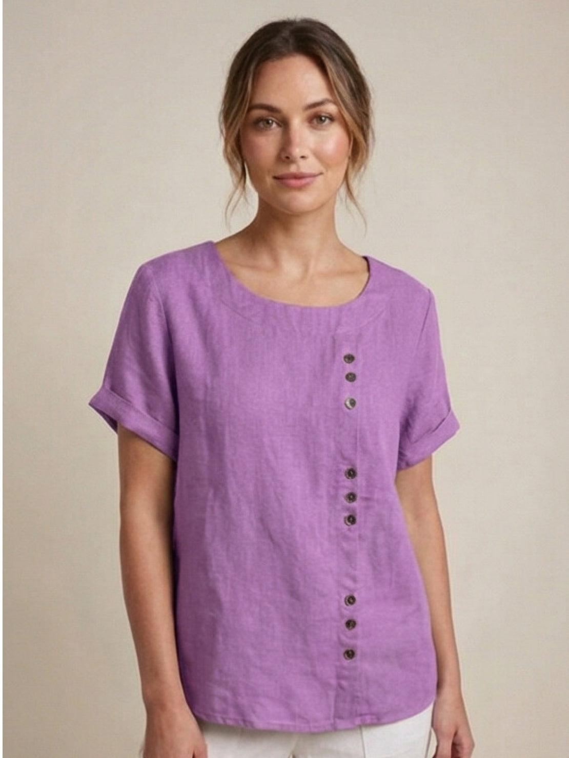 Women's casual scoop neck top with cuffed short sleeves and vertical off-center button detail