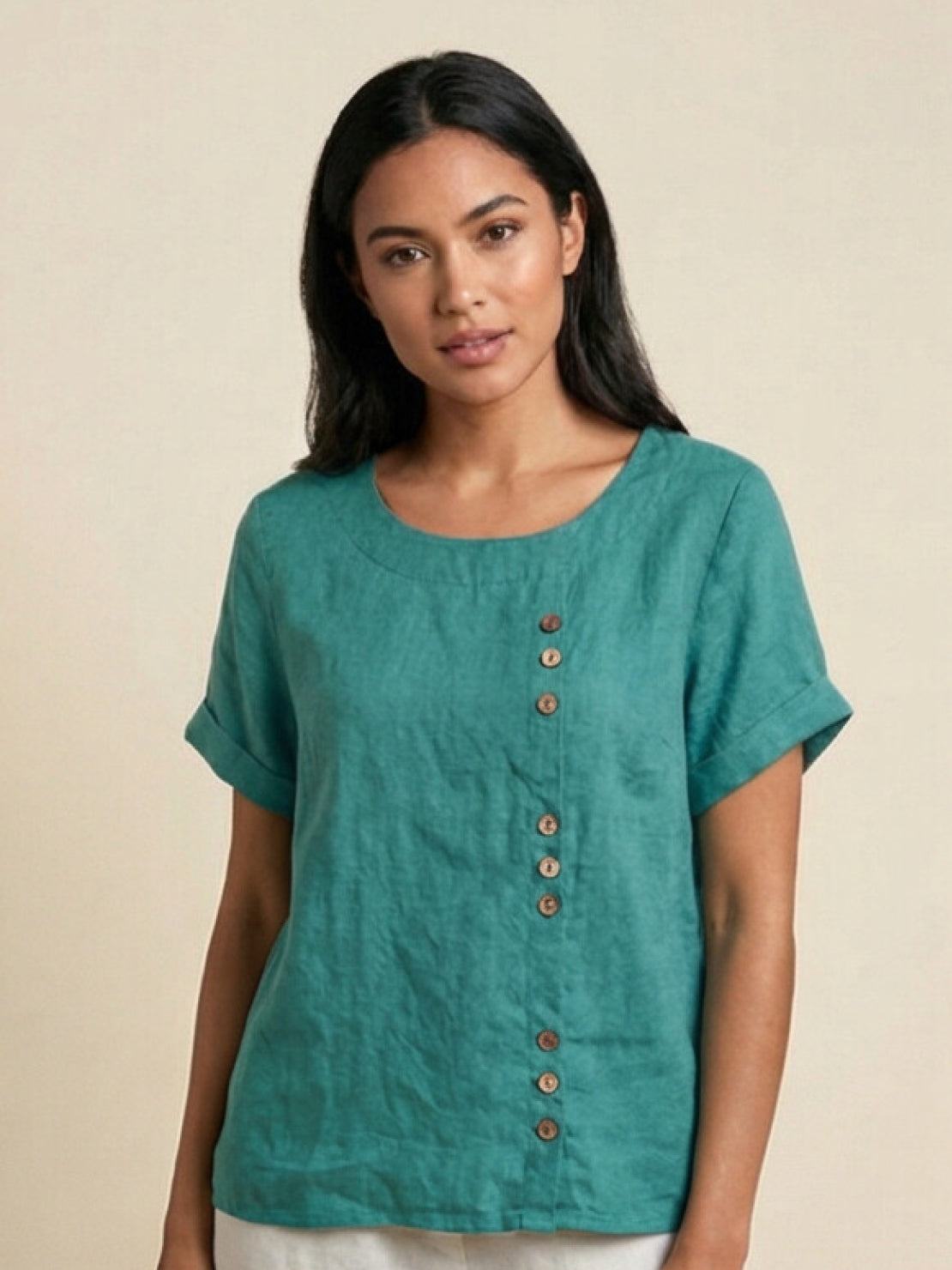 Women's casual scoop neck top with cuffed short sleeves and vertical off-center button detail