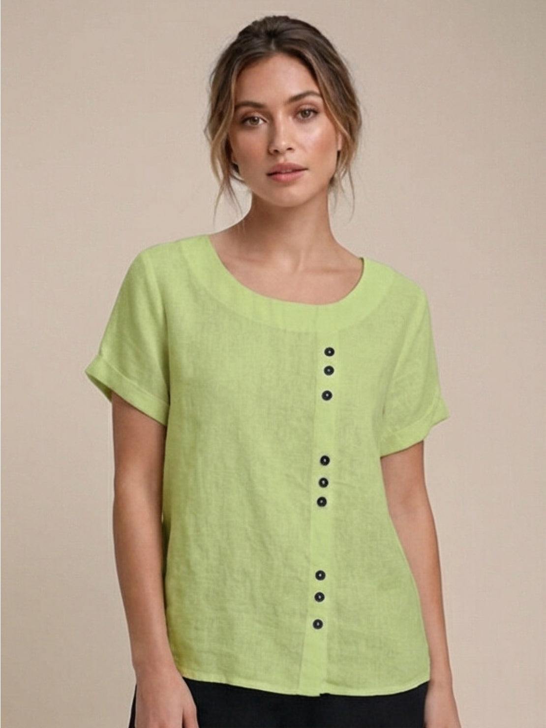 Women's casual scoop neck top with cuffed short sleeves and vertical off-center button detail