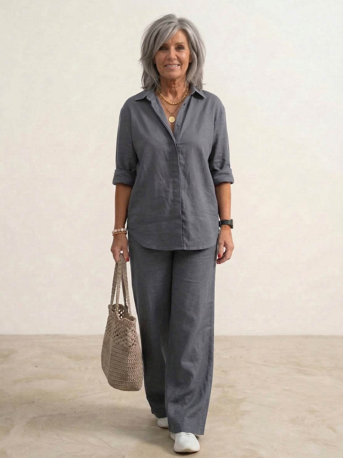 Women's casual button-down shirt and wide-leg pants matching set with relaxed silhouette