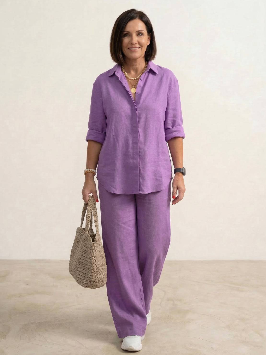 Women's casual beige button-down shirt and wide-leg pants matching two-piece set with relaxed fit