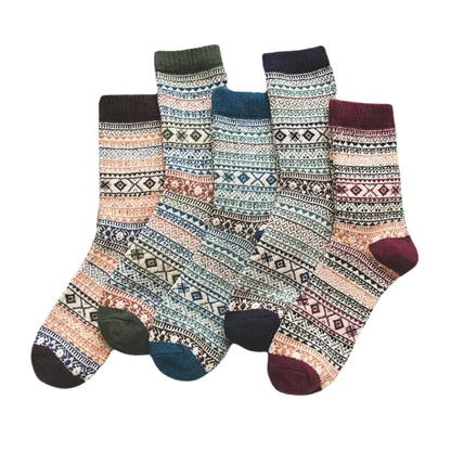 Men's thick sheep wool winter knit socks with colorful vintage retro patterns, designed for snow boots