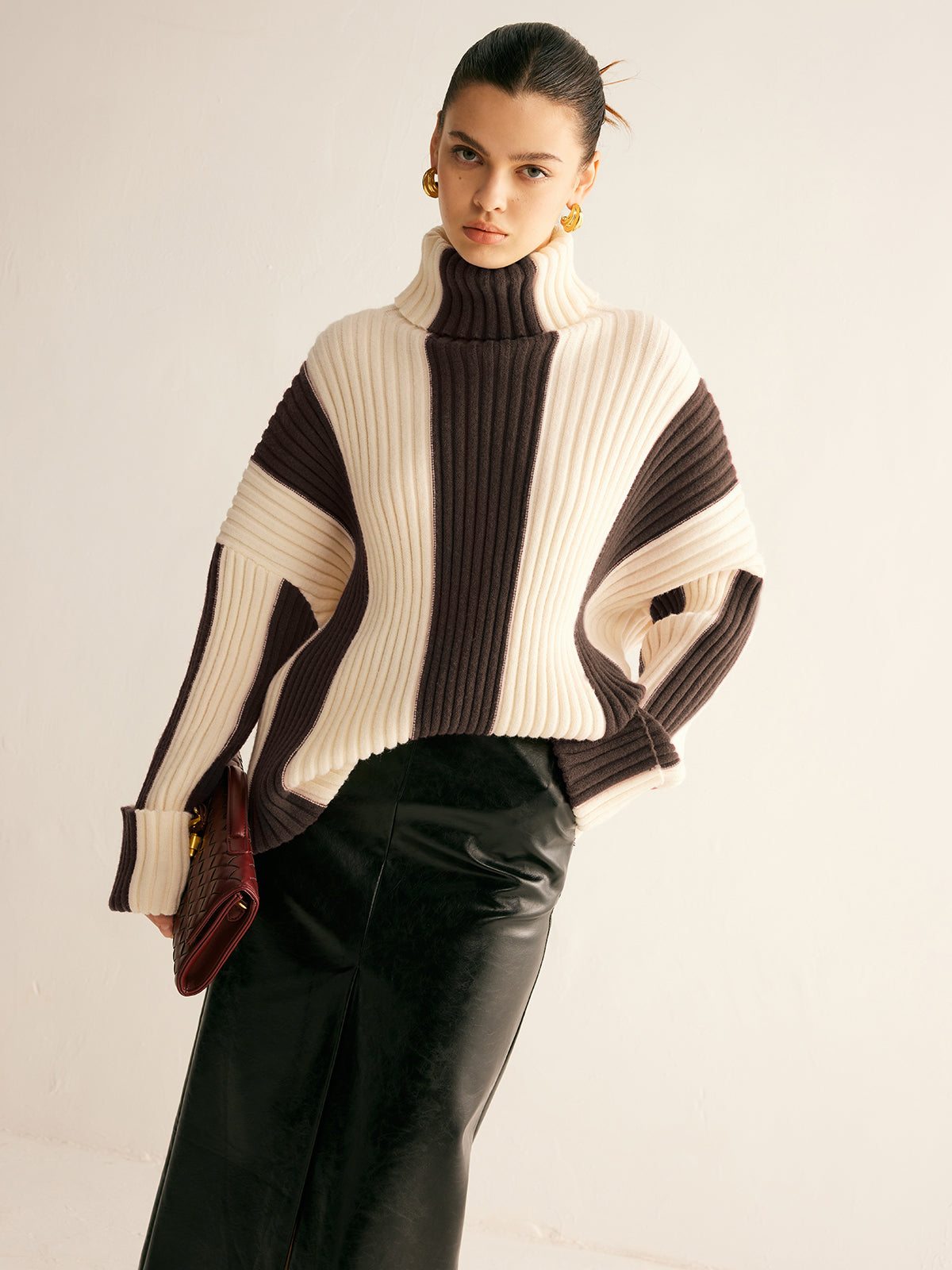 Ribbed color block turtleneck sweater in elegant knit with warm shift fit and medium stretch