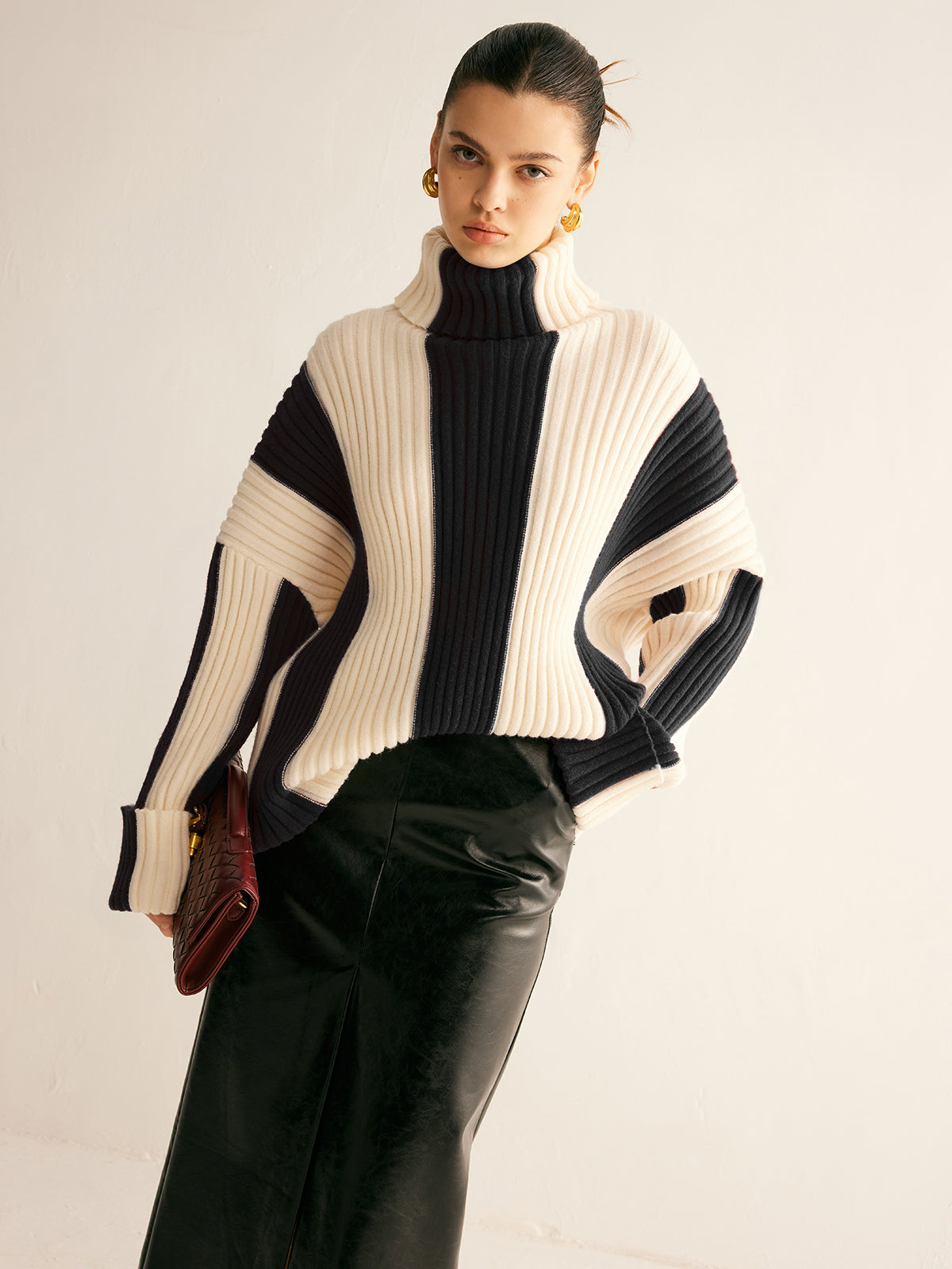 Ribbed colorblock turtleneck sweater in warm knit with elegant shift fit and medium stretch