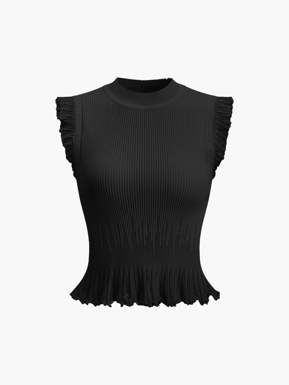 Ivory ribbed knit ruffle top with feminine flutter detail, lightweight viscose blend, elegant relaxed fit