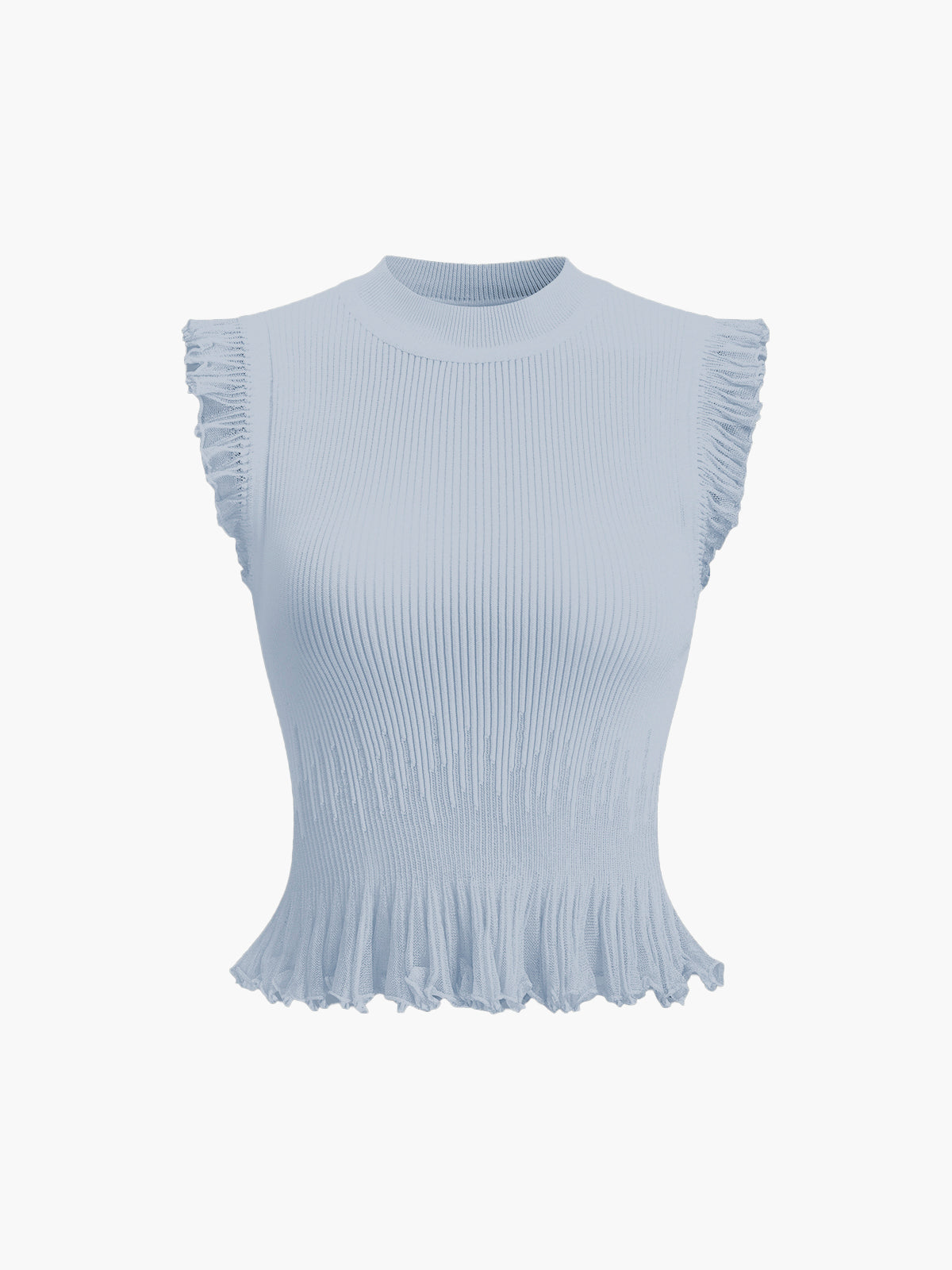 Ivory ribbed knit ruffle top with feminine flutter detail, lightweight viscose blend, elegant vacation style