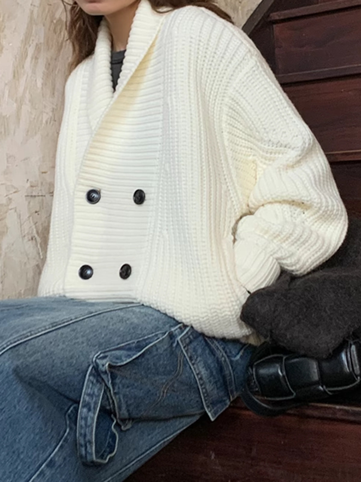 Ribbed knit outerwear with lapel buttons, casual shift style in warm stretchy fabric