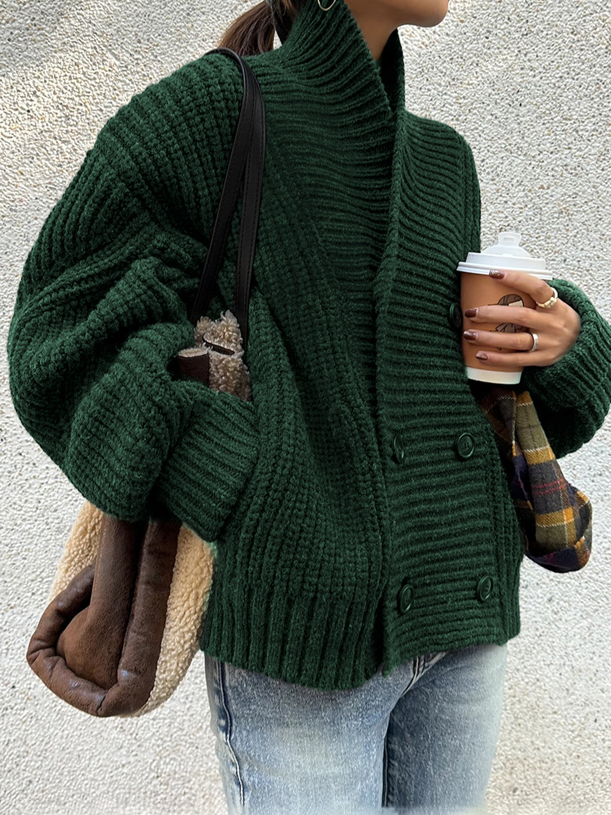 Ribbed knit lapel button outerwear in casual shift style with warm stretch fabric