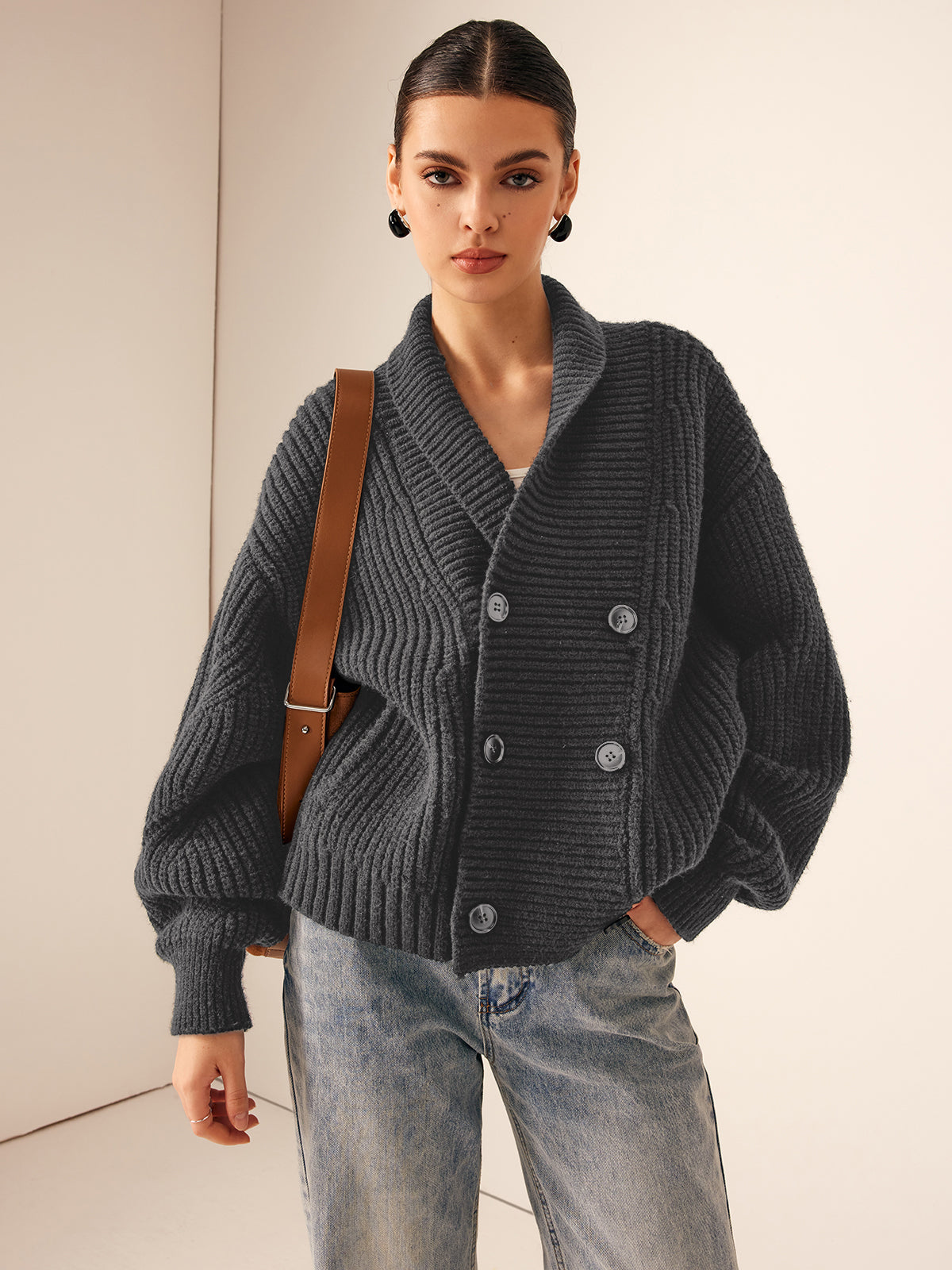 Ribbed knit lapel coat warm casual shift outerwear with button closure in plain style