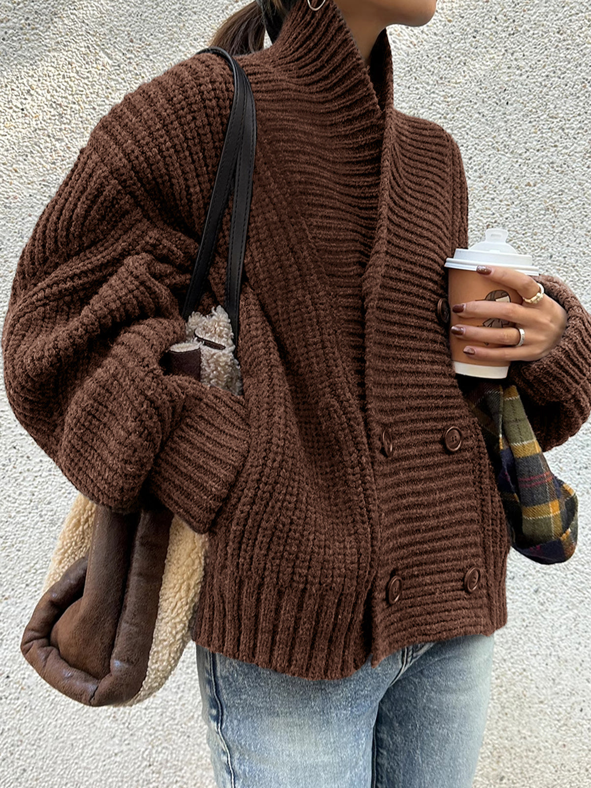 Ribbed knit lapel coat warm casual shift outerwear with button front closure