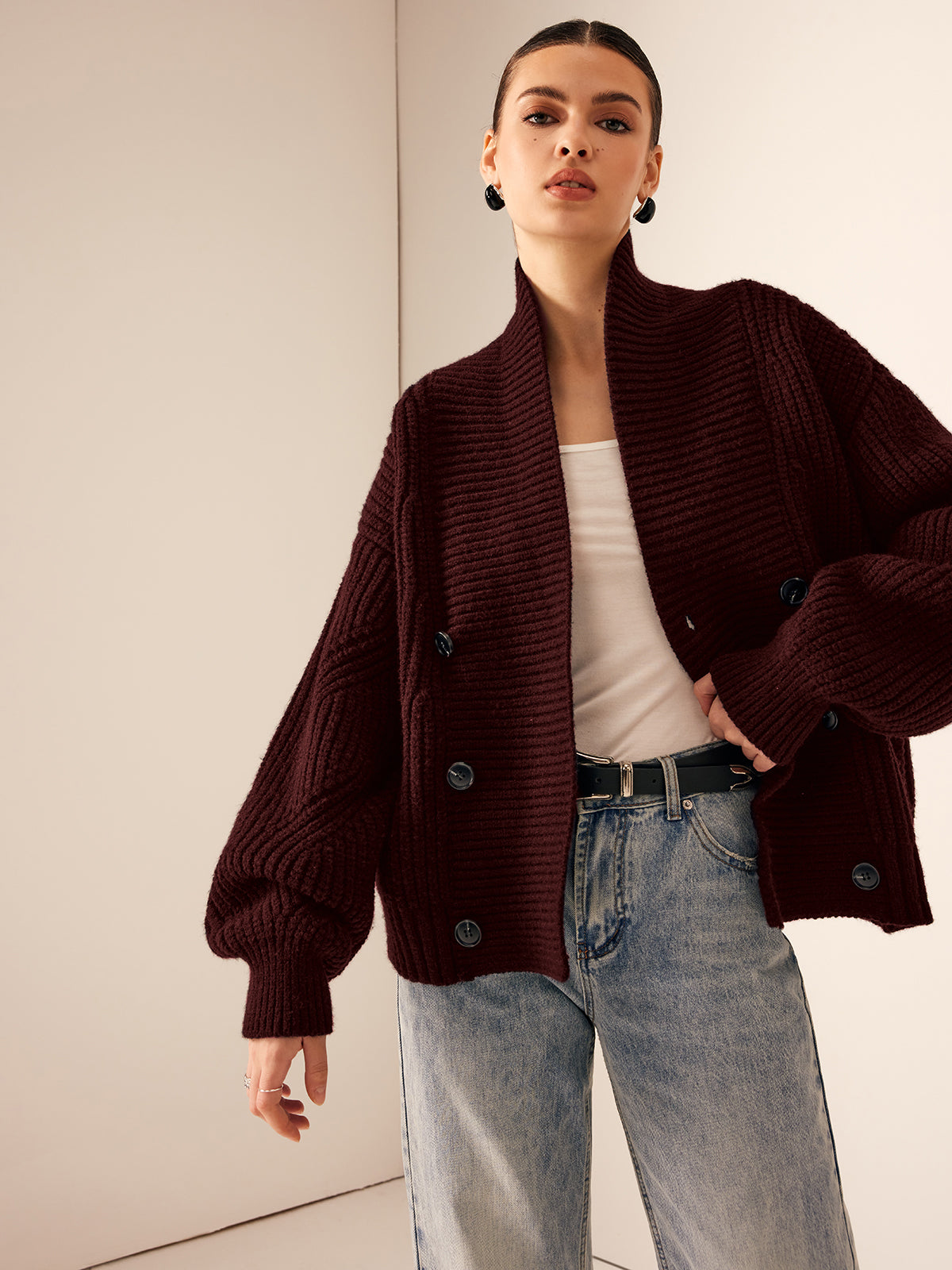 Ribbed knit lapel coat warm casual shift outerwear with button closure in solid neutral tone
