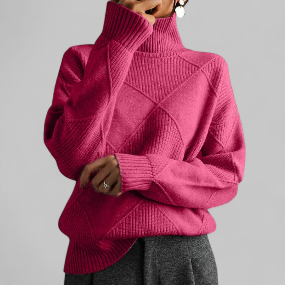Women's oversized turtleneck sweater relaxed silhouette bold textured pattern for cozy winter layering