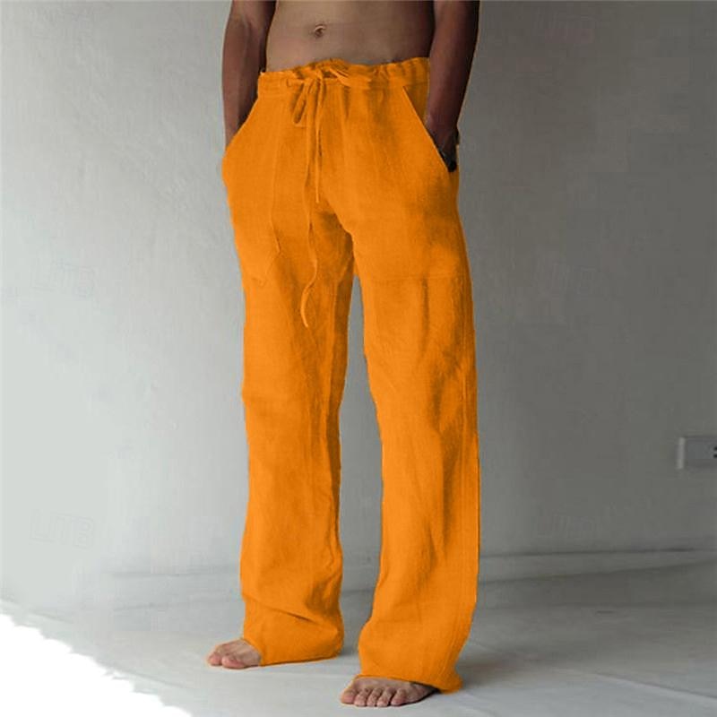 Men's beige linen pants loose fit drawstring waist lightweight breathable casual summer trousers