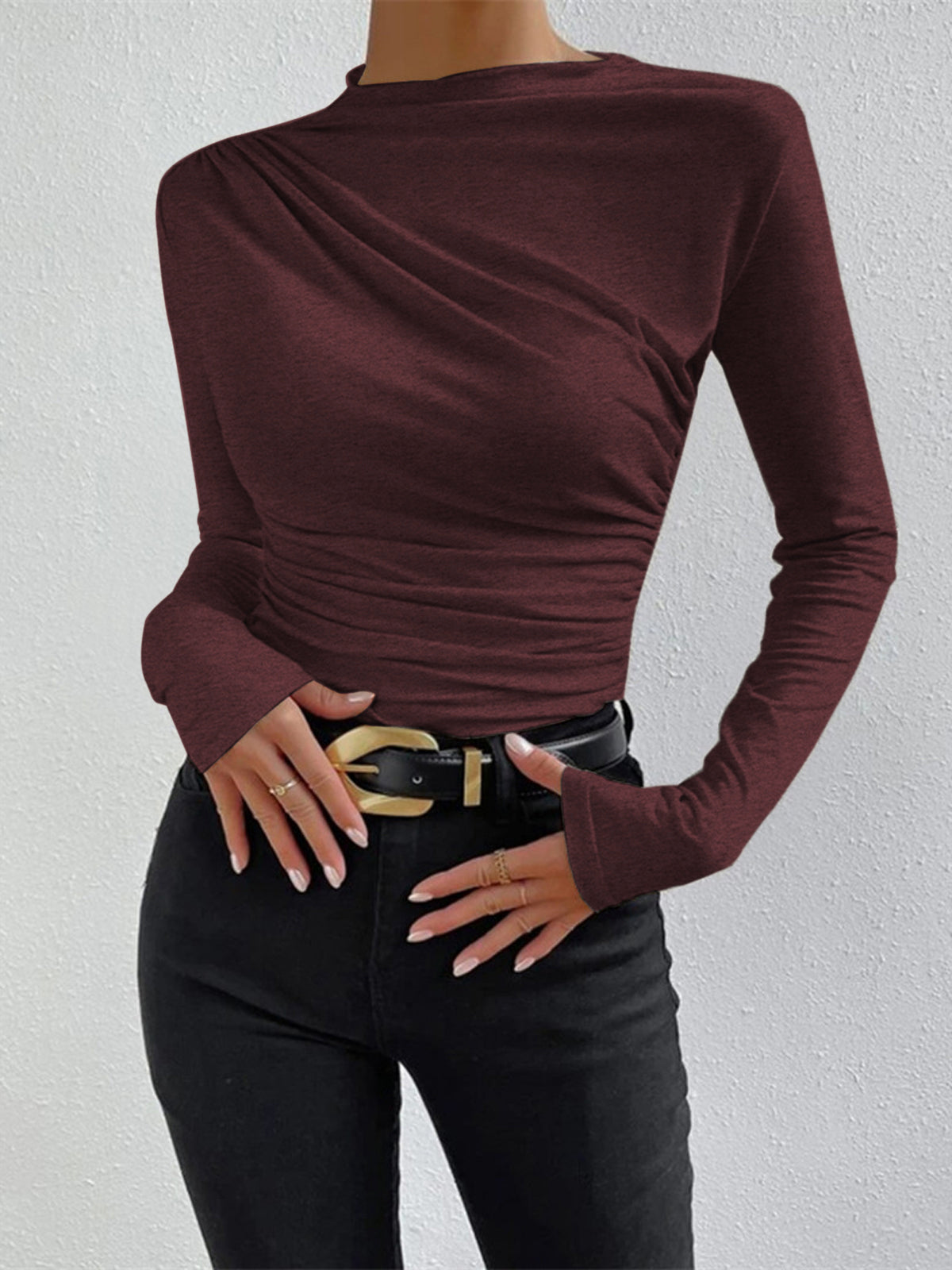 Ruching long sleeve mock neck shirt in jersey fabric with pleated detailing and high stretch fit