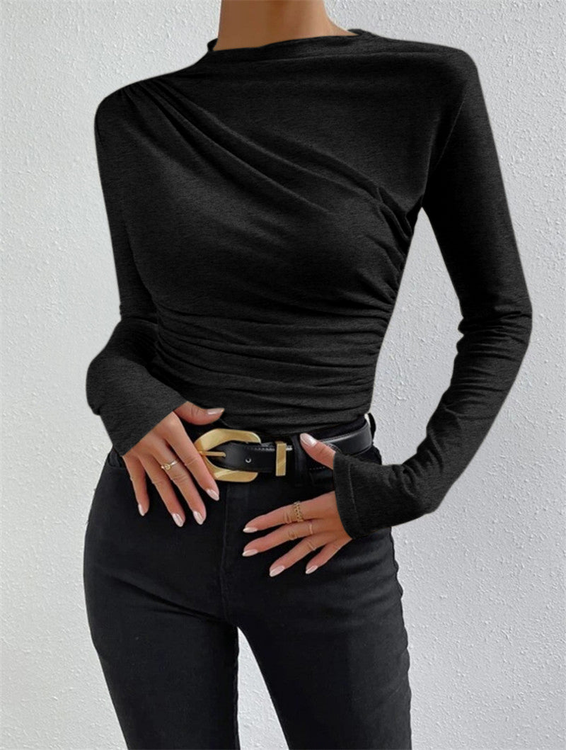 Ruching long sleeve mock neck shirt in jersey fabric with pleated detail and high stretch fit