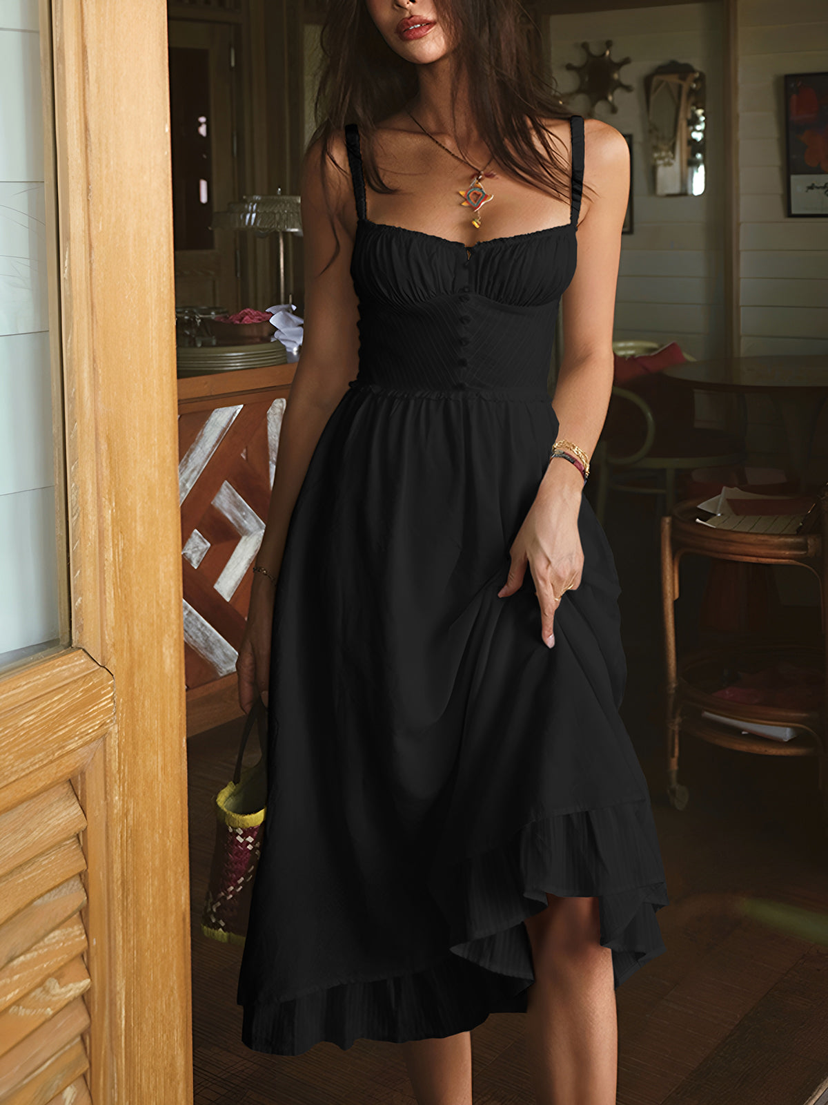 Women's floral midi dress spaghetti strap smocked bodice ruffle hem button front summer style