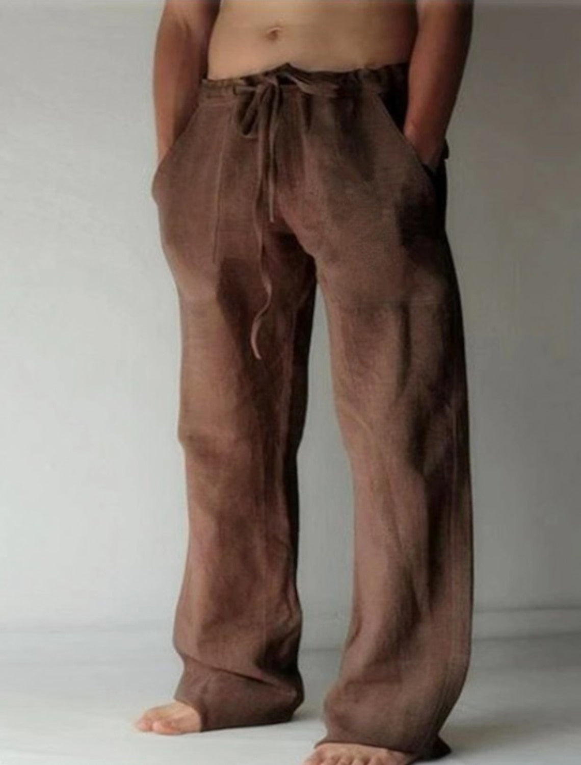 Men's beige linen pants loose fit drawstring waist lightweight breathable casual summer style