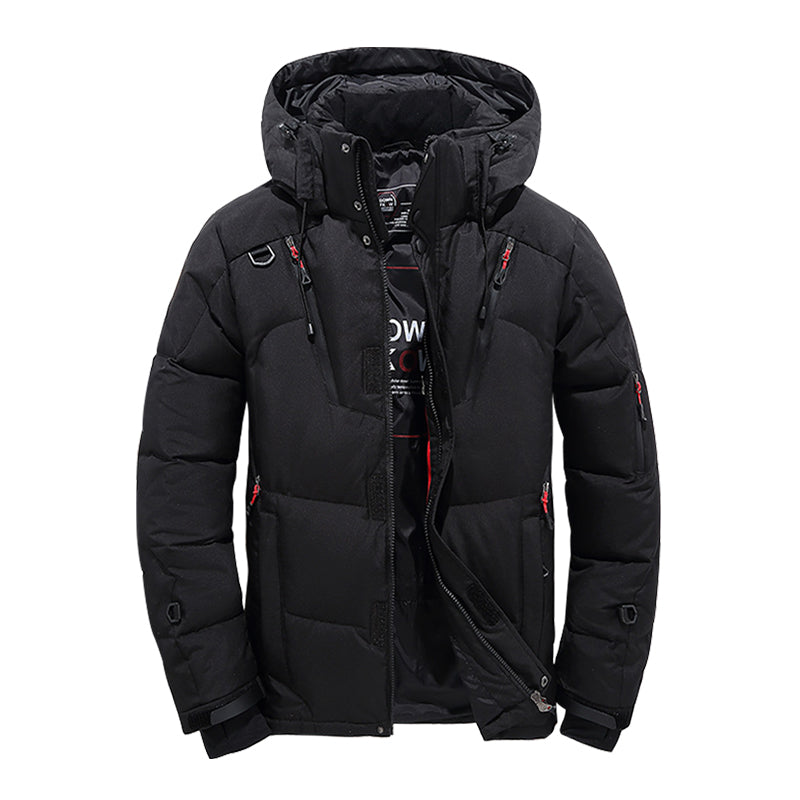 Men's navy hooded puffer down jacket windproof insulated slim fit coat for outdoor winter travel