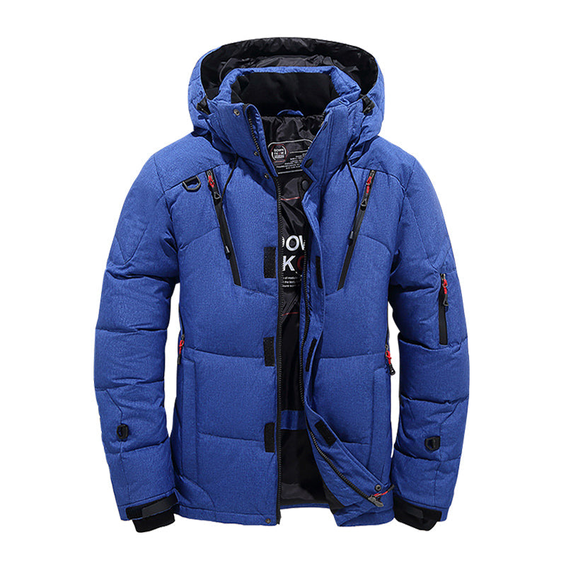 Men's navy hooded puffer coat windproof insulated down jacket slim fit for outdoor travel