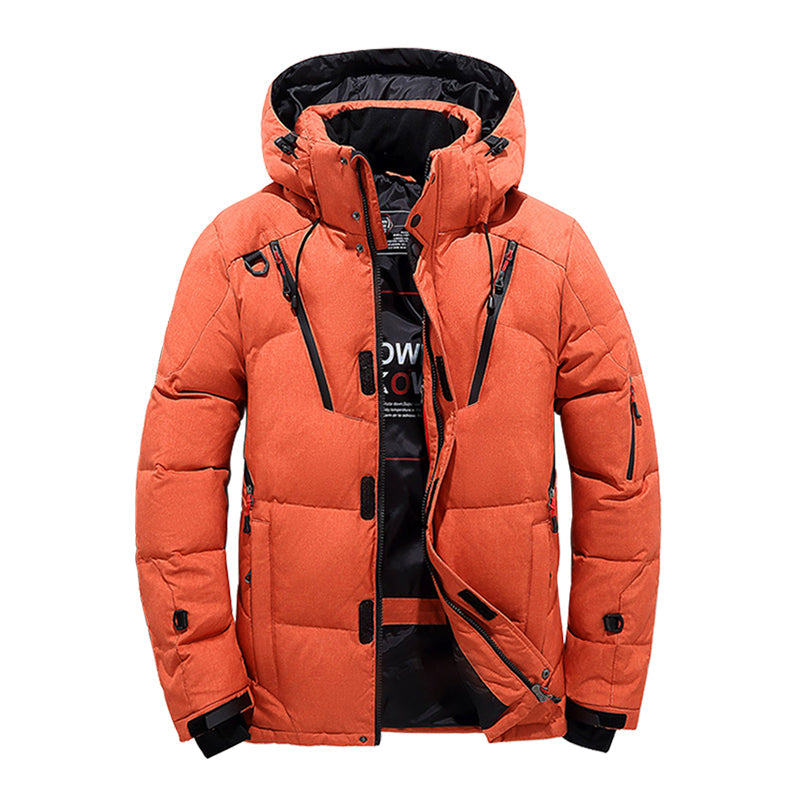 Men's navy hooded puffer down jacket windproof insulated winter coat slim outdoor travel