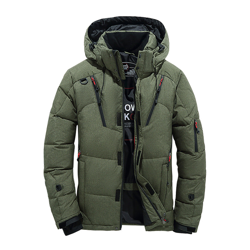 Men's navy hooded puffer coat windproof insulated down jacket with clean silhouette for outdoor travel