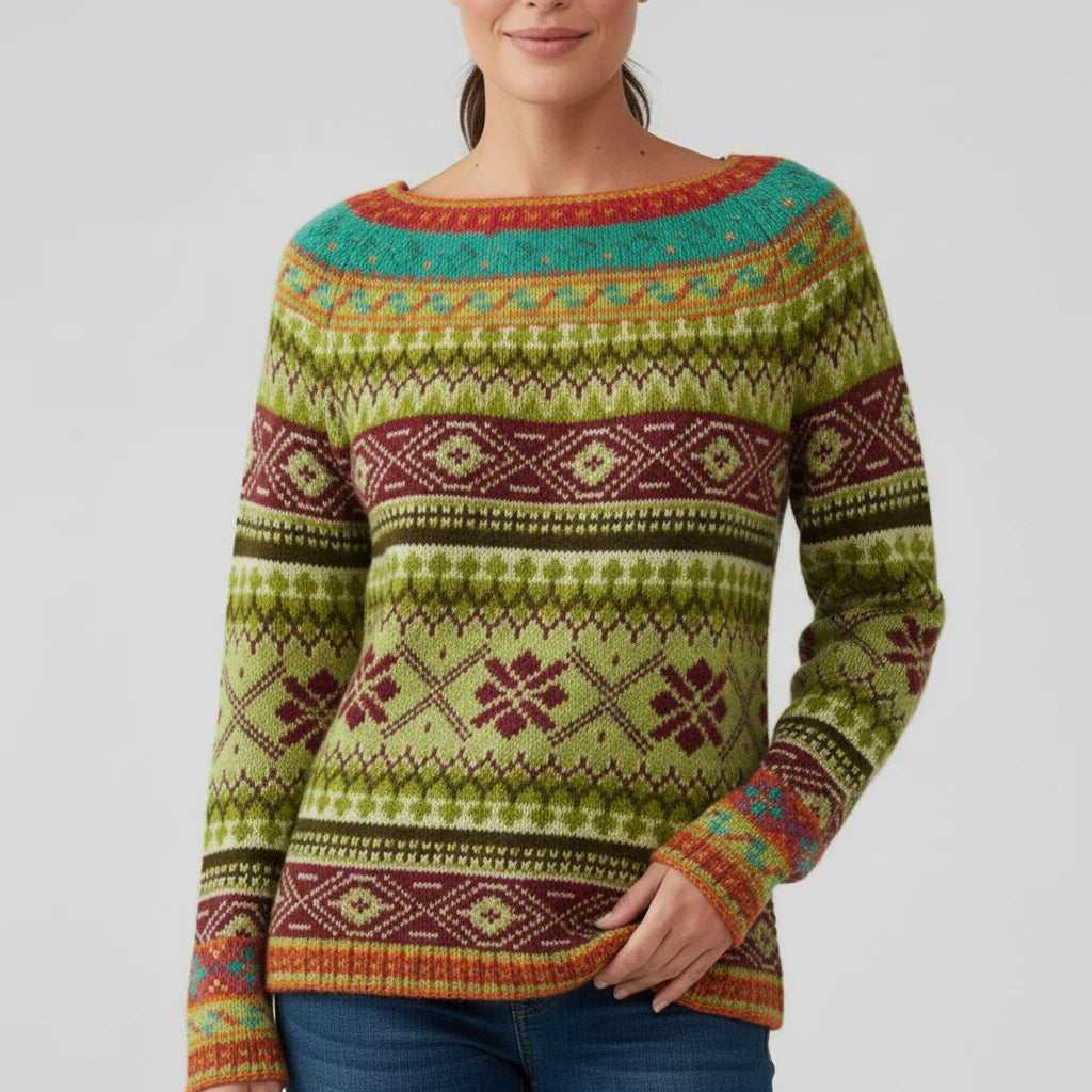 Women's relaxed-fit crewneck knit sweater with cozy Fair Isle tree pattern print