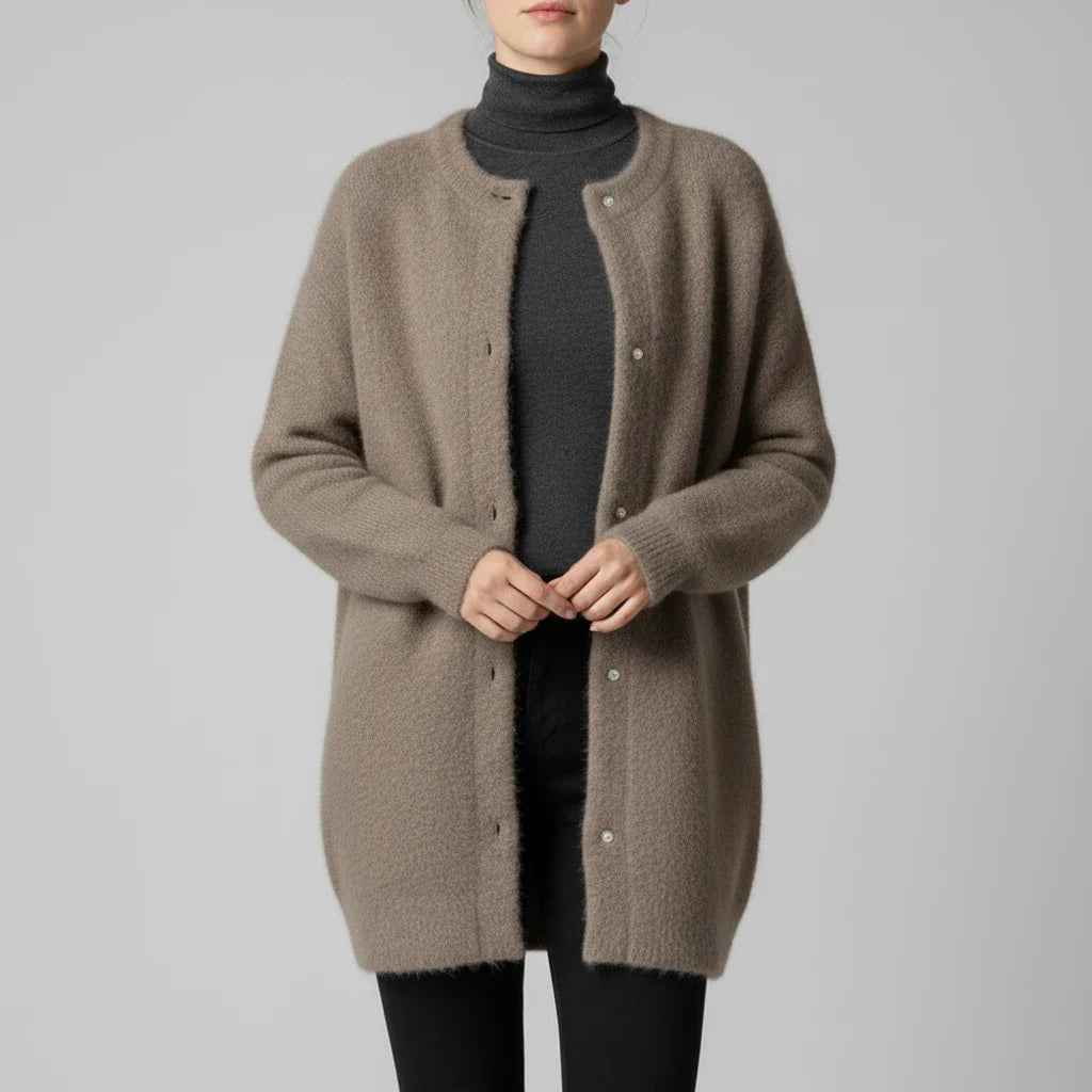 Women's oversized collarless knit cardigan with button front in cozy relaxed fit for layering
