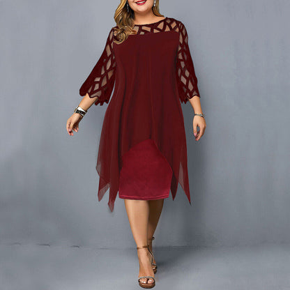 Elegant plus-size midi dress in rich fabric with flattering stretch silhouette and feminine contemporary cut