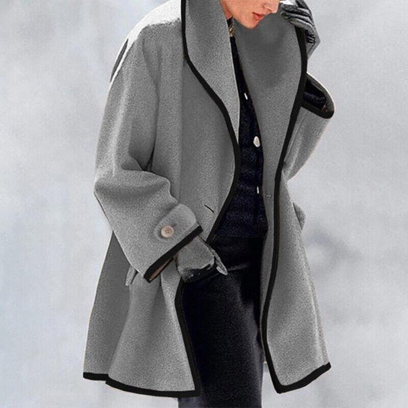 Beige oversized coat with wide lapel collar, contrast trim, and loose fit for women