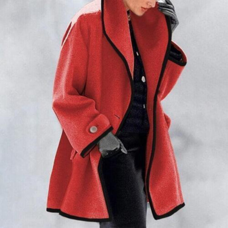 Beige oversized coat with wide lapel collar, contrast trim, and loose silhouette for women