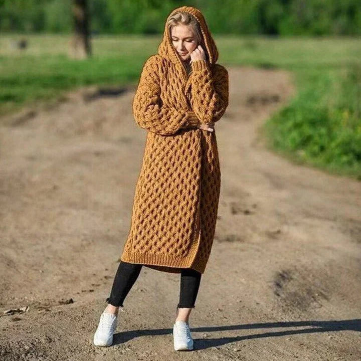 Women's chunky cable knit hooded cardigan, relaxed fit long open front style in cozy neutral tones