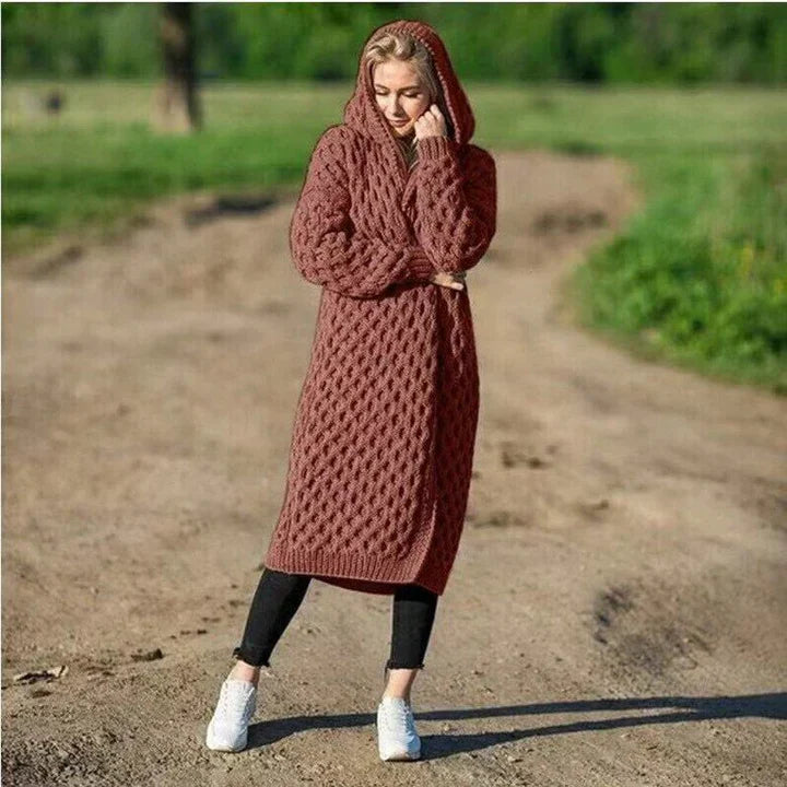 Women's chunky cable knit hooded cardigan, relaxed fit long open front, cozy neutral layering piece