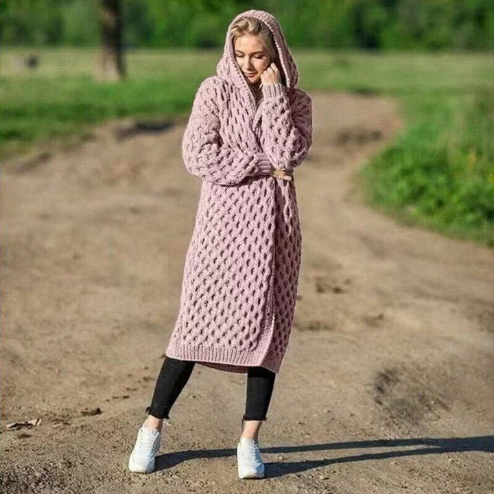 Women's cream chunky cable knit hooded cardigan, relaxed fit long open front layering sweater