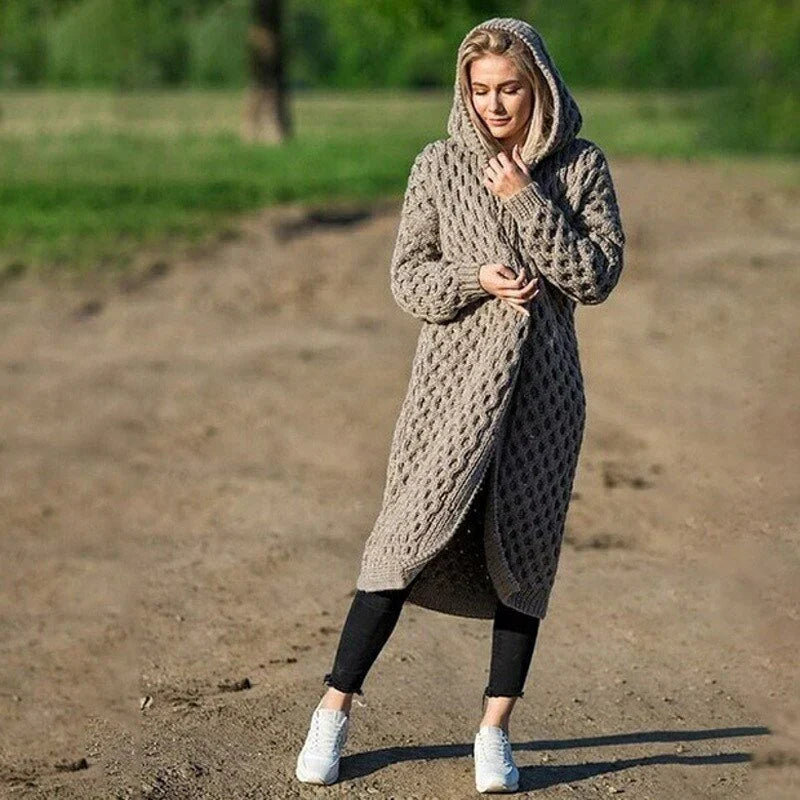 Women's chunky cable knit hooded cardigan, relaxed fit, long open front, cozy oversized silhouette