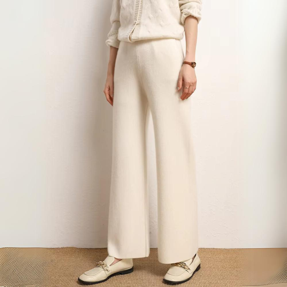 Clara wide-leg knit trousers in wool cashmere blend, soft drape, elegant cozy winter style
