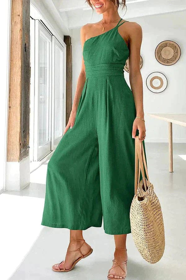 Women's black one-shoulder cotton jumpsuit with fitted waist and cropped wide-leg silhouette