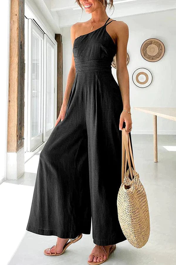 Women's black one-shoulder cotton jumpsuit with fitted waist and cropped wide-leg silhouette