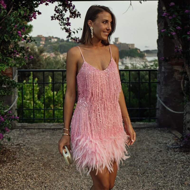 Women's black sleeveless mini dress spaghetti straps feather-trimmed fringe hem glamour party look