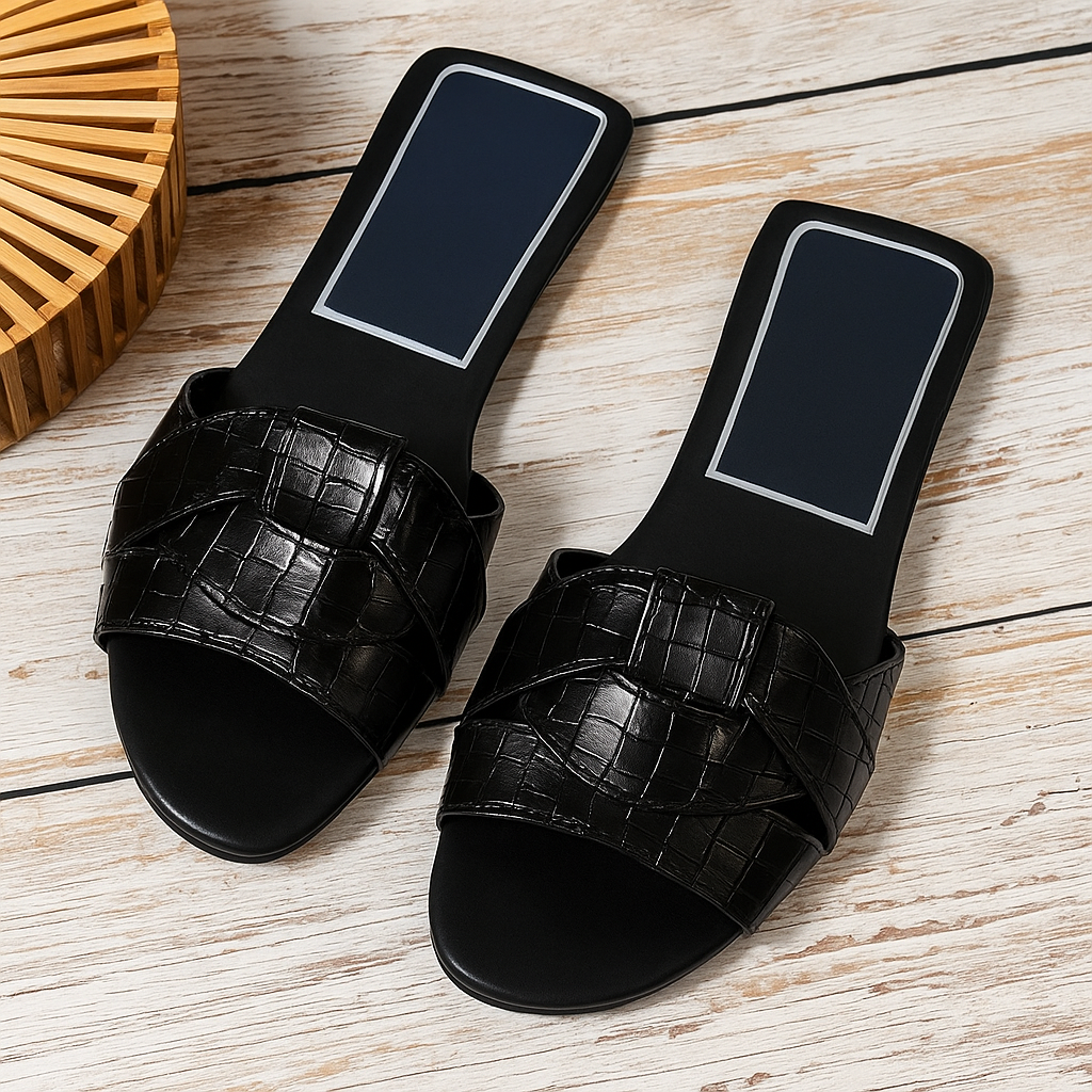 Women's luxury slides with plush cushioned footbed, refined slip-on design for effortless elegance