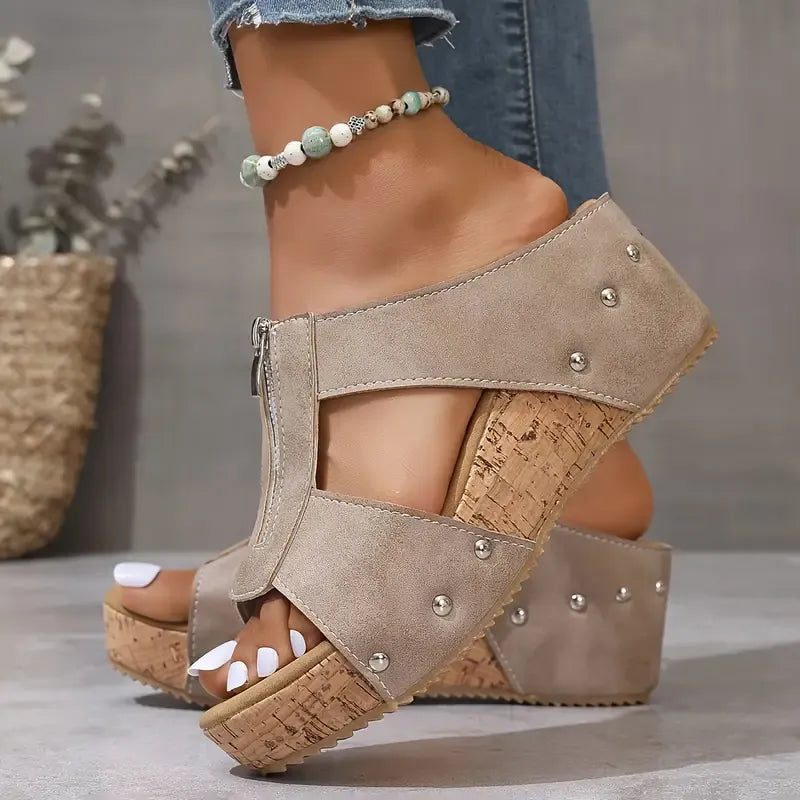 Lena beige comfort wedge sandals with cushioned insole, comfort support, and easy zip closure
