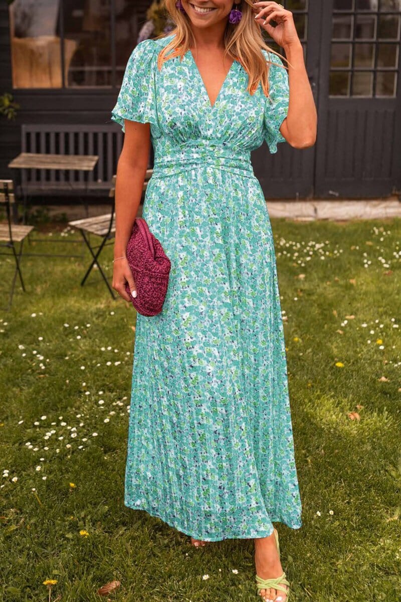 Floral maxi dress with V-neckline, soft drape, micro floral print, breezy full-length silhouette