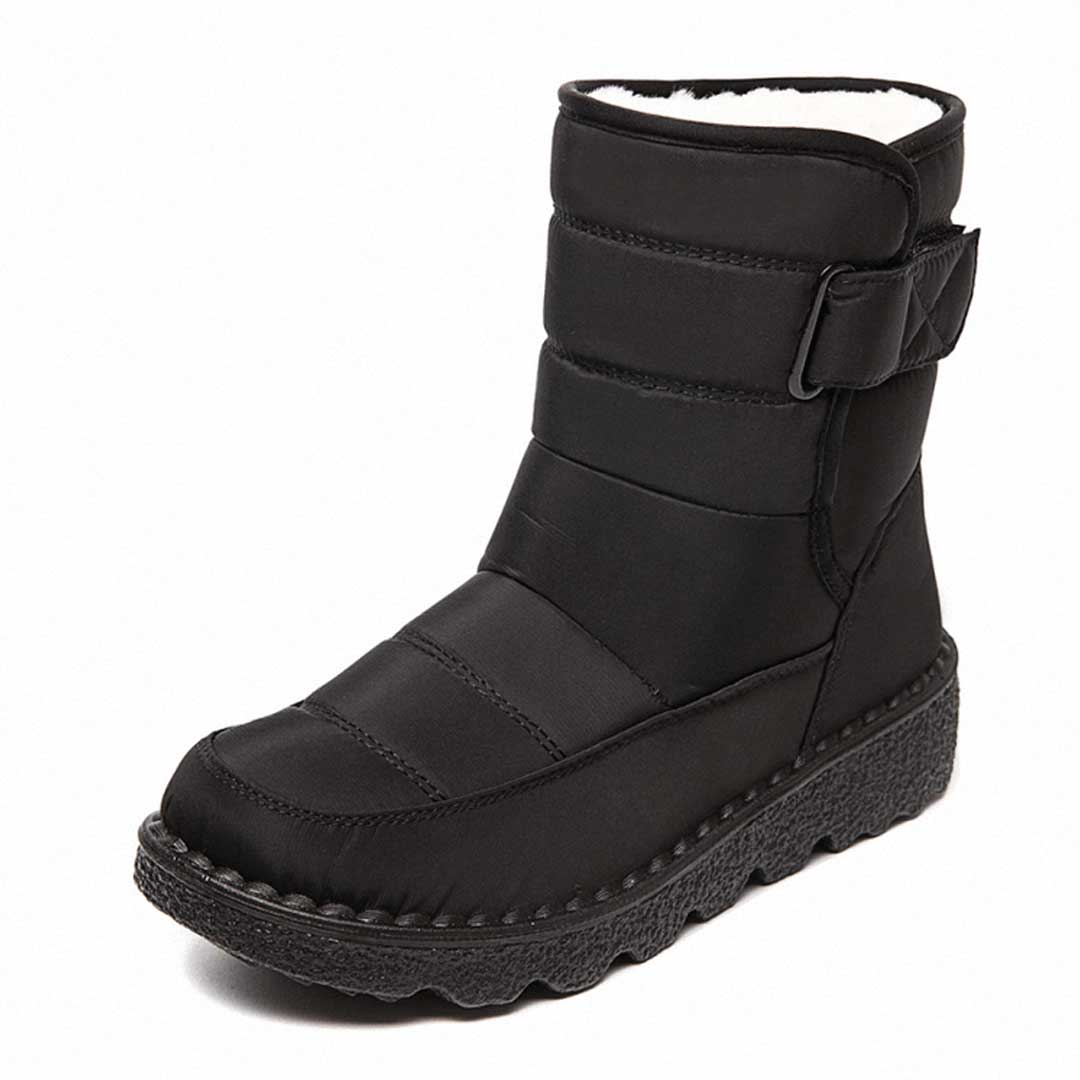 Black mid-calf winter boots with velcro strap, plush insulation, and non-slip traction sole