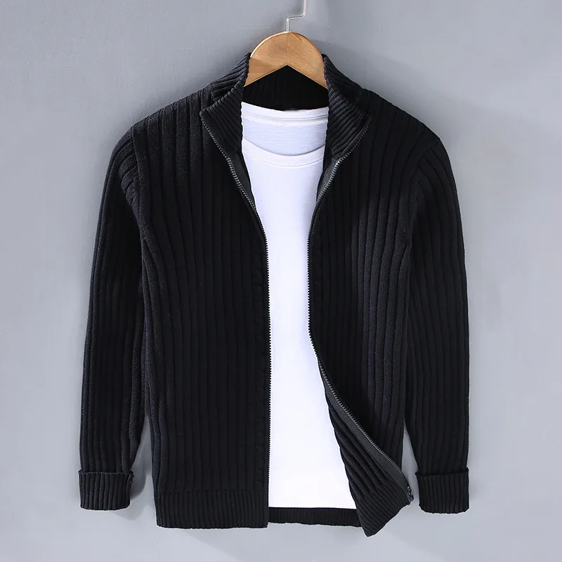 Men's ribbed zip cardigan slim fit stand collar full zip knitwear in neutral knit layering