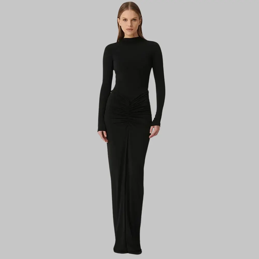 Selene pleated maxi dress high-waisted long sleeves elegant flowy silhouette for special occasions