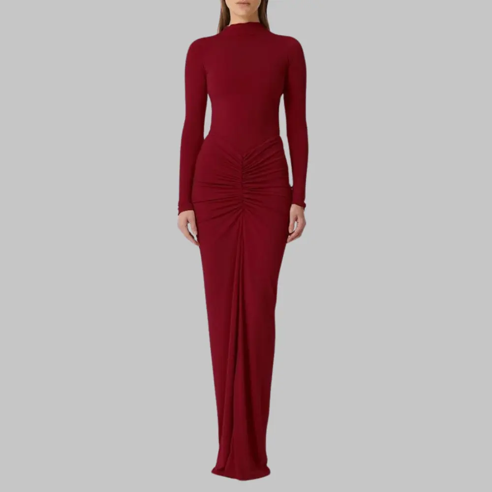 Selene pleated maxi dress in elegant silhouette with long sleeves and high-waisted design
