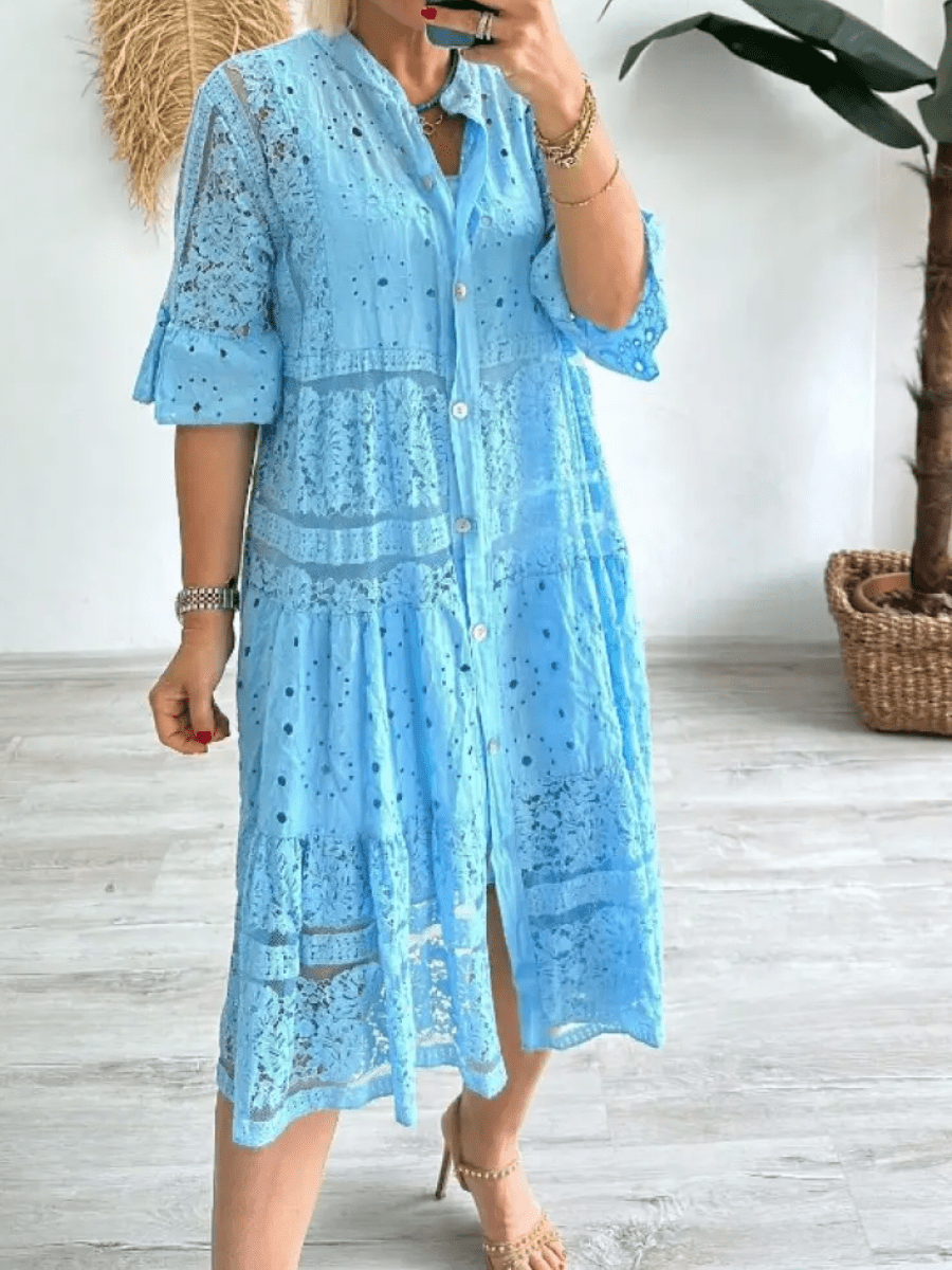 Floral embroidered midi dress in soft tones, airy fit with delicate details for a feminine summer look