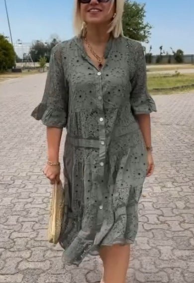 Floral embroidered midi dress with airy lightweight fabric and elegant feminine silhouette