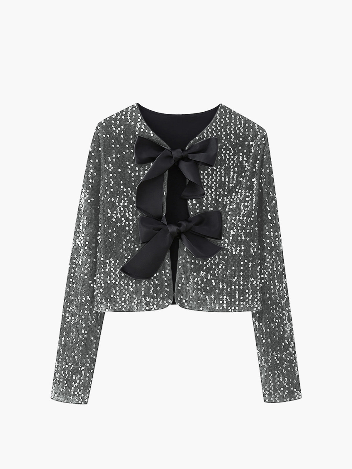 Sequined velvet jacket with bowknot detail, long sleeve elegant party crop top