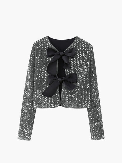 Sequined velvet jacket with bowknot detail, long sleeve elegant party crop top